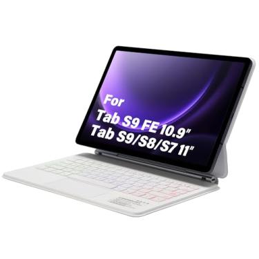 Imagem de DUNNO Capa com teclado para Samsung Galaxy Tab S9 FE 10,9 polegadas, Tab S9/S8/S7 11 polegadas, capa magnética com suporte cantilever flutuante, trackpad multitoque, teclado retroiluminado (branco)