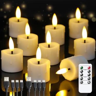 Imagem de Yeelida Velas de luz de chá recarregáveis sem chamas operadas por bateria de 4 x 6,3 cm com cabo de carregamento remoto e tipo C, temporizador LED cintilante plástico branco 9 peças mini velas votivas