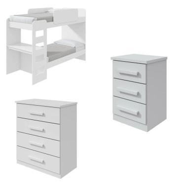 Imagem de Quarto Infantil Beliche Olga Com Cômoda E Mesa De Cabeceira Baião Branco
