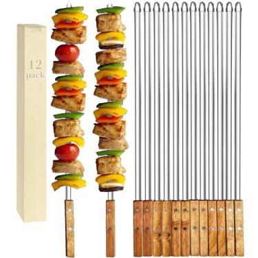 Imagem de Vokop Pacote com 12 Espetos de Kebab, 22", Aço Inoxidável, para Grelhar, Espetos de Churrasco Reutilizáveis, Palitos Planos com Cabo de Madeira, Ideais para Koubideh, Frango Brasileiro, Camarão, Shish