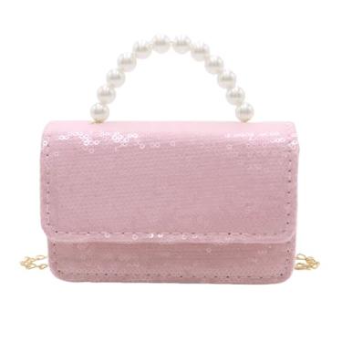 Imagem de BOLLEY JOSS Mini bolsa infantil de lantejoulas para meninas com alça de pérola, corrente dourada, bolsas transversais fofas para crianças pequenas, Quadrado-rosa, One Size