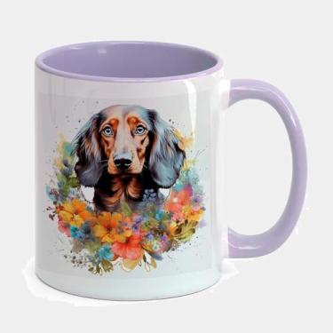 Imagem de Caneca Porcelana Branca Alça e Interior Roxa 325ml - DACHSHUND FLORES CLARO