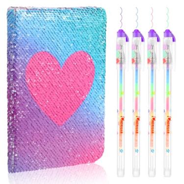 Imagem de Outus Conjunto de diário de lantejoulas para meninas com 4 peças de canetas coloridas de tinta gel diário reversível flip lantejoulas caderno de escrita com glitter para meninas adolescentes presentes