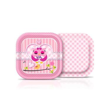 Imagem de Prato Quadrado Chá De Bebê Mamãe Coruja 18Cm Com 8 Un Junco