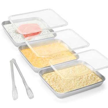 Imagem de YEUIKERR Conjunto de 3 bandejas de panificação de aço inoxidável com tampas, grandes formas de panificação com pinça para dragar peitos de frango, marinar carne (25,4 x 19,8 x 4,8 cm)