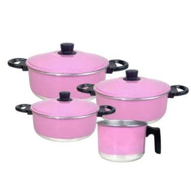 Imagem de Conjunto de Panelas de Alumínio com 3 Caçarolas e 1 Fervedor (Leiteira) Rosa