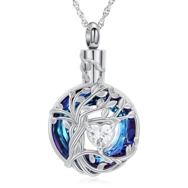 Imagem de shajwo Colar de urna de árvore da vida em círculo azul para cinzas para mulheres e homens, pingente de cinzas humanas, Aço inoxidável, Sem Pedra Preciosa