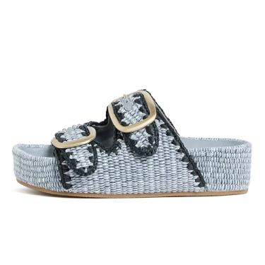 Imagem de Arqa Sandálias plataforma ráfia para mulheres, bico aberto, palmilha de palha natural, deslizante, confortável, casual, ajustável, tira de fivela, tecido plano, sandália de verão, praia, salto cunha