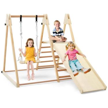Imagem de Playground HONEY JOY Indoor 5-em-1 Para Crianças, Com Balanço, Rampa Escorregador, Escada e Parede de Escalada, Dobrável, Estilo Montessori