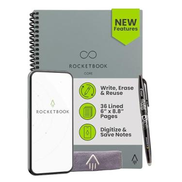 Imagem de Rocketbook Caderno espiral reutilizável New Core, tamanho executivo 15 x 21 cm, cinza - páginas forradas, conectadas ao aplicativo, apagável, capa durável, ideal para escola, trabalho e projetos