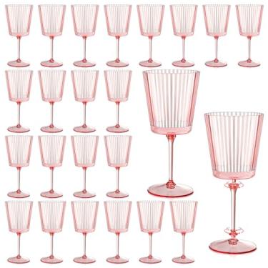 Imagem de 24 peças de copos de vinho de plástico rosa com hastes removíveis, conjunto de taças de vinho com nervuras de 382 g, taças de vinho quadradas, cores pastel, silenciosas, taças elegantes caneladas para