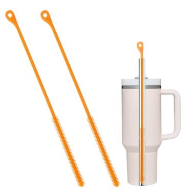Imagem de 2 Peças Escova Limpeza Canudo de Silicone, 24 cm Escova Limpezas Extra Longa Ferramenta Limpeza Tampa Garrafa Viagem Reutilizável para Canudos Vidro de Metal Stanley (Laranja)
