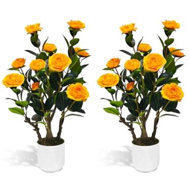 Imagem de Howngyesimu Pacote com 2 camélias artificiais, planta de camélia falsa de 6 m em vaso com flores laranjeiras para primavera, casa, porta da frente, decoração externa, interna, laranja