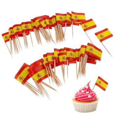 Imagem de Palitos de dente, 100 peças, mini bandeiras da Espanha em palitos de alimentos, palito de dente, topos de cupcake, mini palito de coquetel, decoração de bandeira para bar de festa do Dia da