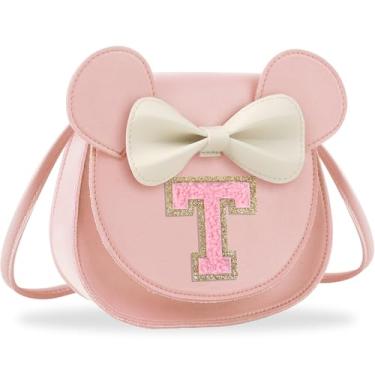 Imagem de Presentes de aniversário para meninas de 2, 3, 4, 5, 6, 7, 8, 9 e 10 anos de idade, bolsa infantil infantil para meninas pequenas com laço de orelha de rato personalizado, Letra rosa pequena, T, T