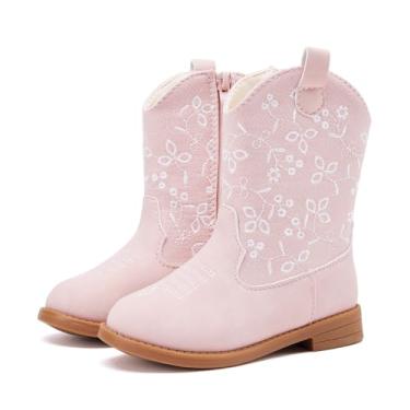 Imagem de BMCiTYBM Botas de cowgirl para meninas pequenas, cano médio, flor ocidental, caubói, bico fino, tênis de equitação para todas as estações, 4 - Rosa, 21