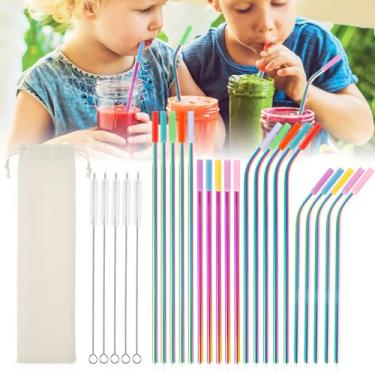 Imagem de PoDhey 20 canudos de aço inoxidável reutilizáveis canudos curvos portáteis canudos retos canudos longos para beber canudos curtos com pontas de silicone saco de armazenamento de escova de palha para