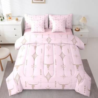 Imagem de Erosebridal Jogo de cama queen asteca de caveira de touro boêmio, com estampa de chifres abstratos ocidentais, rosa, misteriosa, arte estética, decoração de quarto, minimalista, retrô, conjunto de