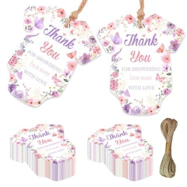 Imagem de Serencatcher Lembranças de chá de bebê borboleta - 50 peças de agradecimento por dar banho ao nosso bebê com etiquetas de presente de amor, cartões de agradecimento florais com cordão para tema de