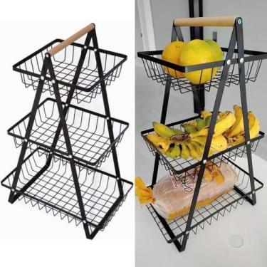Imagem de Fruteira de Mesa Sortida 3 Andares Cestos Metal Alça Madeira Organizad
