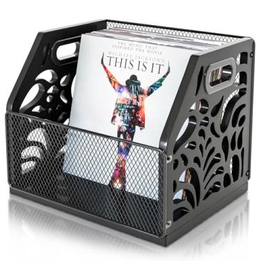 Imagem de CILXGQLN Suporte de disco de vinil, armazenamento de álbum de madeira resistente para discos de vinil, comporta mais de 70 LPs, perfeito para registros, arquivos, livros e revistas (preto)