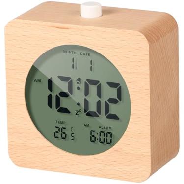 Imagem de Despertador de madeira para quartos, despertadores digitais com função soneca de detecção de temperatura e luz noturna, despertadores de cabeceira operados por bateria, relógio de mesa portátil para