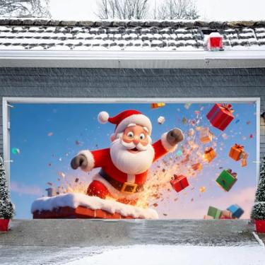 Imagem de Faixa de porta de garagem Feliz Natal 1,8 x 3,5 m, Natal, Papai Noel, boneco de neve, alce, aurora, decorações de Natal 180 x 398 cm, decoração de capa de porta de garagem para festa de Natal (08)