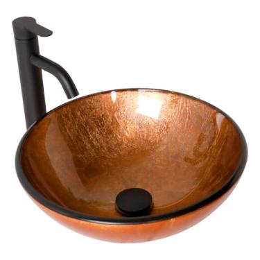 Imagem de Lofeyo Pia de banheiro pequena pia de vaso de vidro marrom de 40 cm com combinação de torneira e ralo de forma redonda moderna bacia artística pia de vaso de banheiro acima do balcão pia pequena de