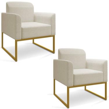 Imagem de Kit 2 Poltronas Decorativas Base Industrial Dourada Maressa A19 Linho Grosso Bege - Ibiza