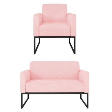 Imagem de Kit Namoradeira e 1 Poltrona Decorativa Base Industrial Preta Maressa S19 Suede Rosa Bebê - Ibiza