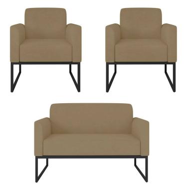 Imagem de Kit Namoradeira e 2 Poltronas Decorativas Base Industrial Preta Maressa S12 Suede Marrom Rato - Ibiza