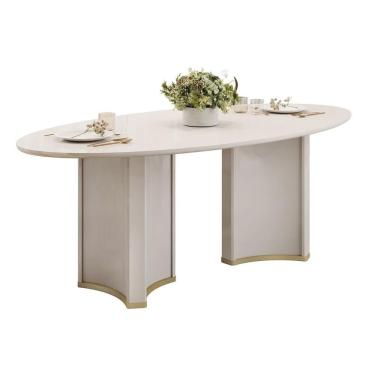 Imagem de Mesa P- Cozinha Liz C- Tampo Madeirado C- Vidro Oval 218x108cm Off White-off White - Dj Móveis
