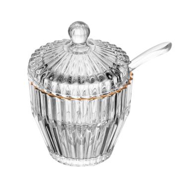 Imagem de Açucareiro de Cristal Canelado C/Colher Plástica Imperatriz C/Fio de Ouro 11x8cm Wolff