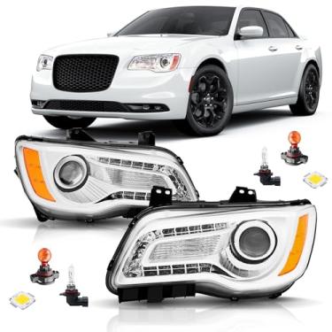 Imagem de corkiauto Conjunto de faróis compatível com Chrysler 300 300C 2011-2023 com LED DRL modelo de halogênio lado do motorista e do passageiro, caixa cromada lateral âmbar