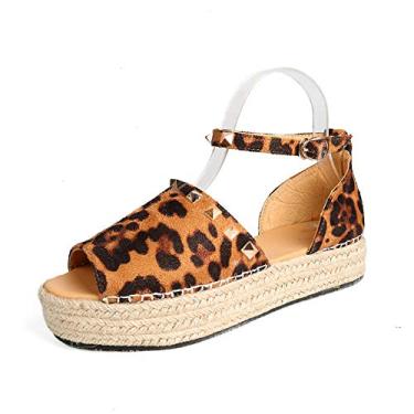 Imagem de Bigfanshu Sandálias femininas de verão com fivela no tornozelo peep toe sandálias femininas plataforma plataforma sapatos femininos leve fundo grosso plus size, Leopardo, 40 BR