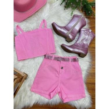 Imagem de Conjunto Infantil Blusa e Short Sarja Rosa Casual-Feminino