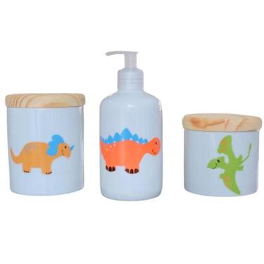 Imagem de Kit de Higiene para Bebê Dinossauro - 3 Peças em Porcelana com Tampa d