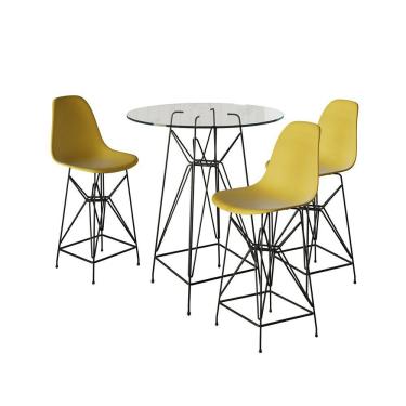 Imagem de Jogo Mesa Bistrô Eames Vidro 60Cm 3 Banquetas Amarela Base Ferro Preto - Cor: Branco