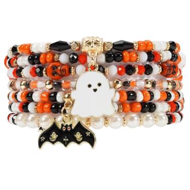 Imagem de Lonext Pulseiras de Halloween Fantasma Abóbora Caveira Esqueleto Morcego Pulseira Assustadora para Mulheres Meninas Presentes Boho Elástico Miçanga Charme Pulseira Heishi, Large, Sem pedras preciosas