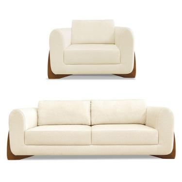 Imagem de Kit Poltrona E Sofá 2 Lugares Linho Pés Castanho Cor Bege