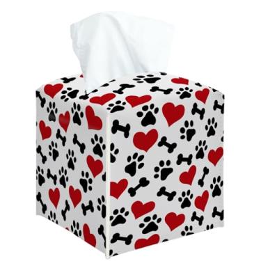 Imagem de Pet Paw Heart Love Capa quadrada de caixa de lenços decorativa para quarto, banheiro, cozinha, escritório, bancada, organizador de papel facial de couro -01