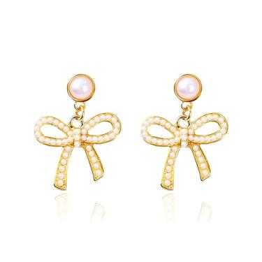 Imagem de ANGLEQUEEN Brincos de laço de ouro para mulheres, na moda, laço de pérola, brincos elegantes de fita de pérola, joias de Natal, presente de noiva, dama de honra, fantasia, acessórios, Large, Metal