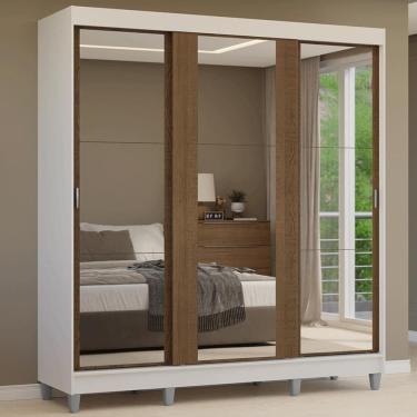 Imagem de Guarda-roupa Casal Com Pés 3 Portas De Correr De Espelho Branco Rustic Reno Madesa