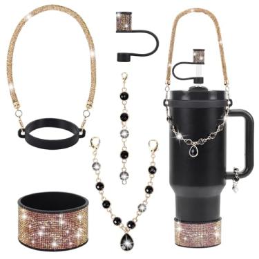 Imagem de 3tyto Conjunto de acessórios de copo Stanley com strass, capa de canudo brilhante de 1 cm, alça de garrafa de diamante, pingentes de glitter, bota de silicone brilhante 850 g/1,134 g (ouro preto