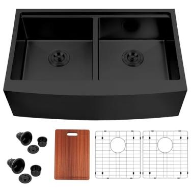 Imagem de MILOSEN Pia de cozinha preta de fazenda de 83 cm, pia de fazenda dupla 50/50, avental de estação de trabalho de aço inoxidável preto embaixo da pia frontal com borda e acessórios, pias artesanais
