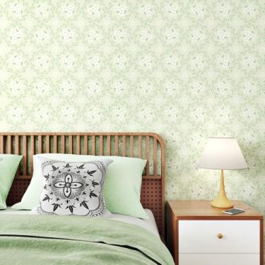 Imagem de Yullpaper Papel de parede floral verde geométrico descascar e colar papel de parede de banheiro verde sálvia papel de contato floral removível para armário vinil stick n peel papel de parede para