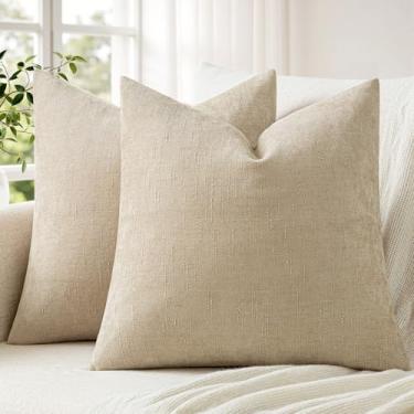 Imagem de ANRODUO Pacote com 2 capas de almofada decorativas texturizadas macias bege euro quadrado acento sólido chenille capa de almofada aconchegante casa de fazenda para sofá, quarto, sala de estar