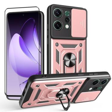 Imagem de CNPUTAO Capa para Oppo Reno 14 5G com protetor de tela de vidro temperado, janela deslizante para câmera, suporte, capa de telefone de camada dupla antiarranhões à prova de choque, ouro rosa