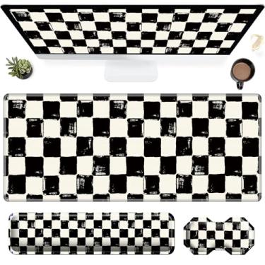 Imagem de Conjunto de mouse pad de 3 peças, preto e branco quadriculado grande para jogos com borda costurada, suporte ergonômico de espuma de memória para o pulso e almofada de descanso de pulso do mouse