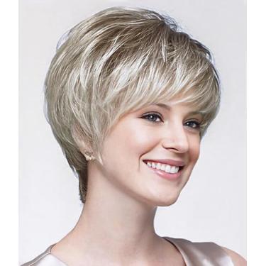 Imagem de SEVENCOLORS Perucas curtas loiras com corte Pixie para mulheres brancas loiras mistas marrom sintético peruca de cabelo curto com franja